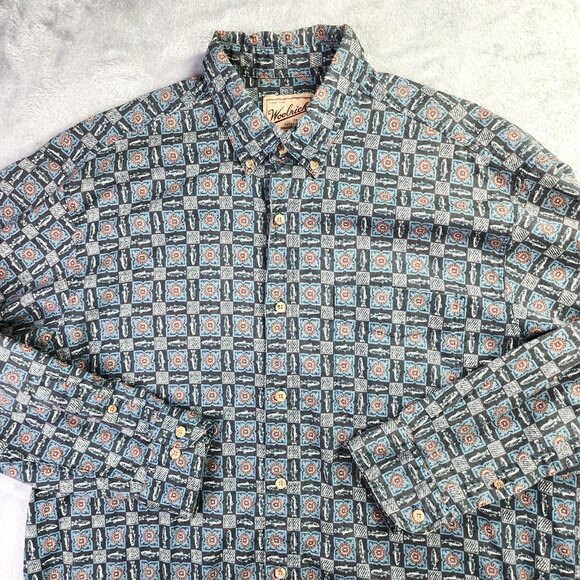Woolrich Shirt Mens L Blue Fish All Over Print Cotton Long Sleeve Fishing Gorp - Picture 1 of 10